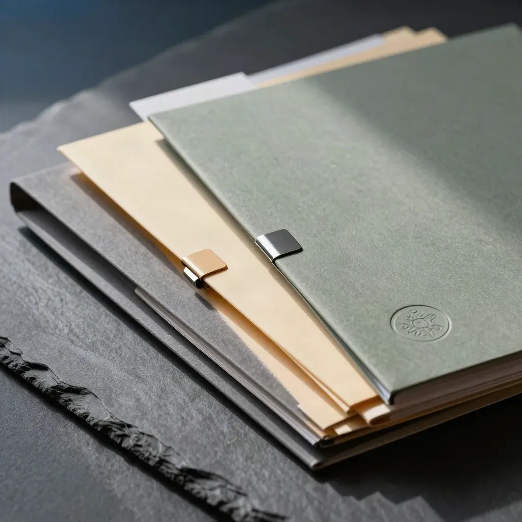 Drie gesloten mappen met inspectietags en een stempel op leisteen, schuin van boven gefotografeerd