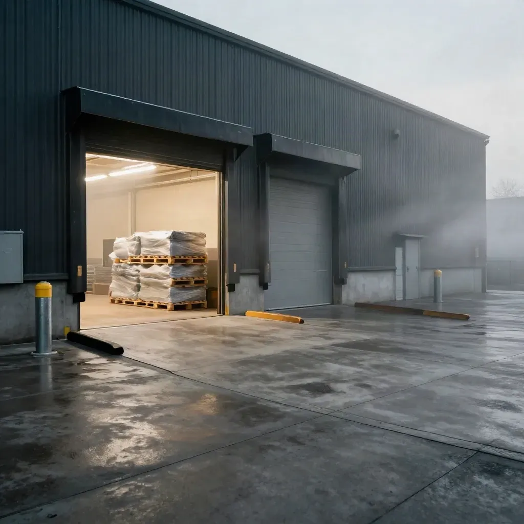 Industriële loods met open laadbaai in ochtendmist, strak en gereed voor gebruik.