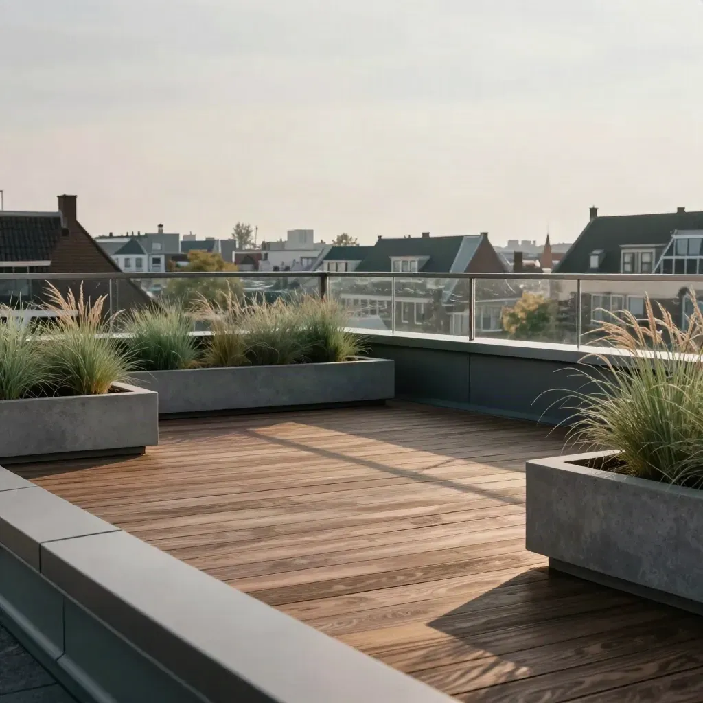 Rooftop terras in Amsterdam met houten vlonders, planters, windschermen en skyline in zacht licht