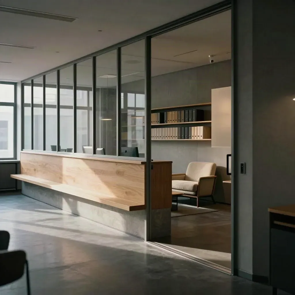 Nieuw kantoorinterieur met glazen wanden en rustige ontvangsthoek, in moody daglicht.