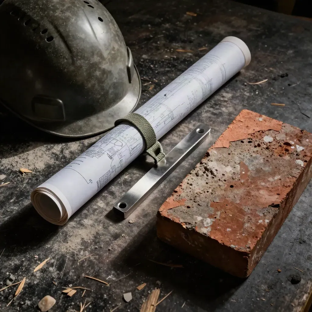 Bouwhelm, planbuis, stalen spacer en baksteenmonster op een donkere werktafel in warm licht.
