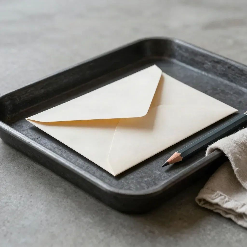 Open archieftray met retourenvelop, tabbladen en potlood op koel beton.