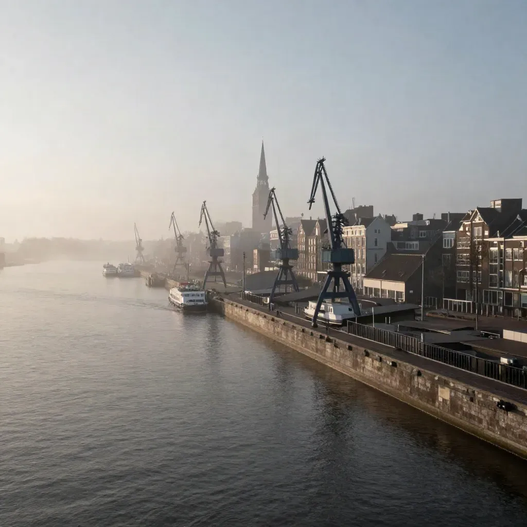 Mistige zonsopkomst boven de IJ in Amsterdam met skyline hoog en rustig water eronder.