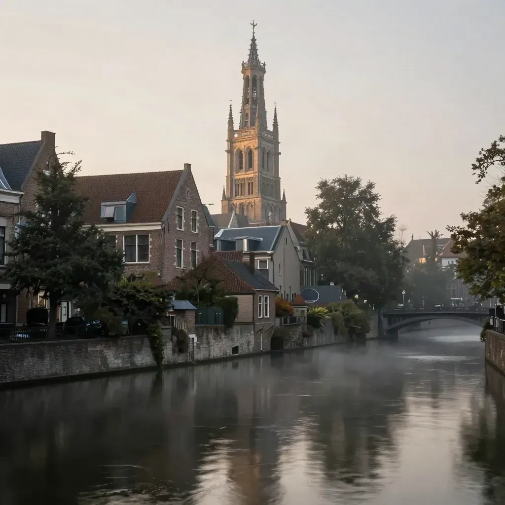 Uitzicht op de Domtoren en de Utrechtse grachten bij blauw uur, met mist en rustige waterreflecties